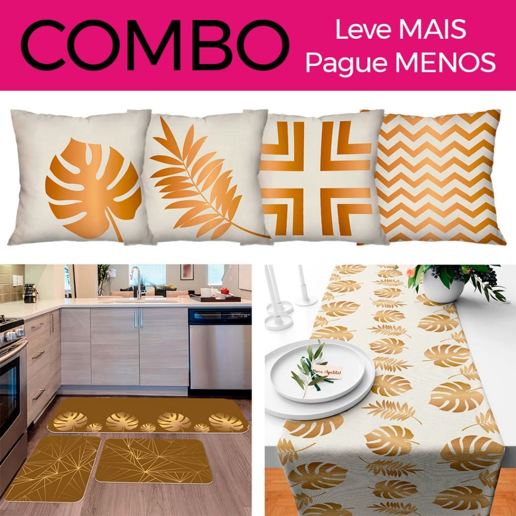 Combo Feliz Natal: Kit com 4 Capas para Almofadas + Kit com 3 Tapetes para Cozinha + Trilho de Mesa 01