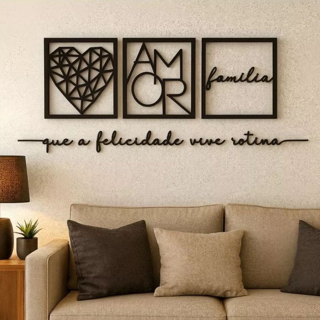 Kit 3 Quadros Cabeceira Familia Coração Geométrico Amor + Frase de Parede Variados Sala Mini coração